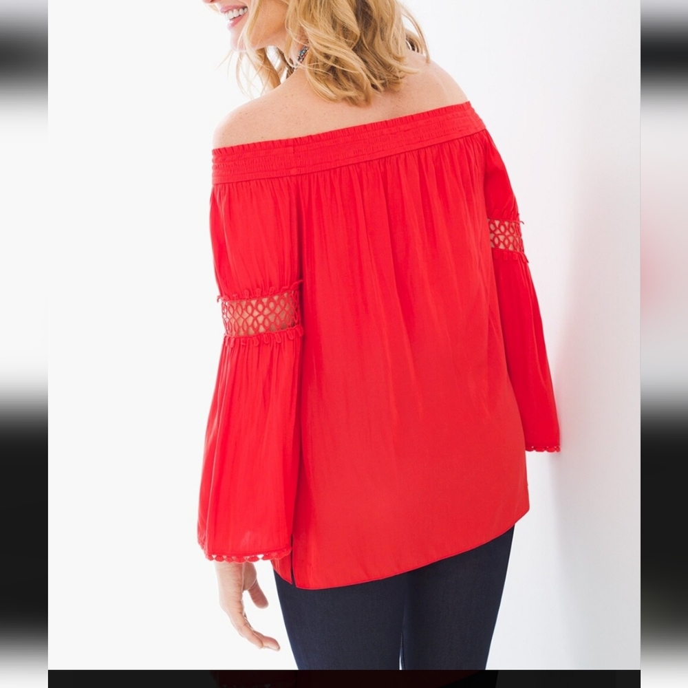 Chico's Crochet Details Off The Shoulder Red Top - Picture 2 of 15
